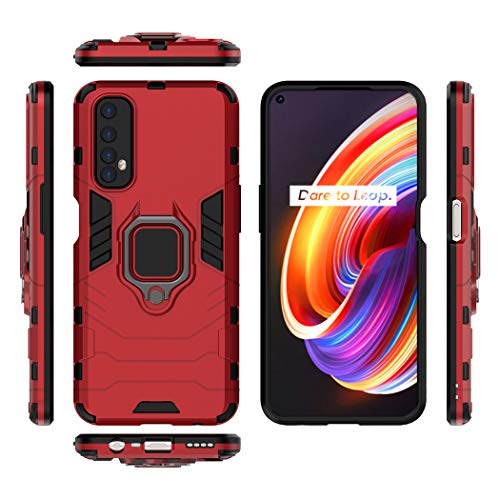 Compatible with Realme7 Case, Metal Ring Grip Kickstand Shockproof Hard Bumper (Works with Magnetic Car Mount) Dual Layer Rugged Cover for Oppo Realme 7 (Red)