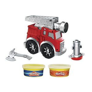 play-doh wheels fire engine playset with 2 non-toxic modeling compound cans including water and fire colors, firetruck toy for kids 3 and up