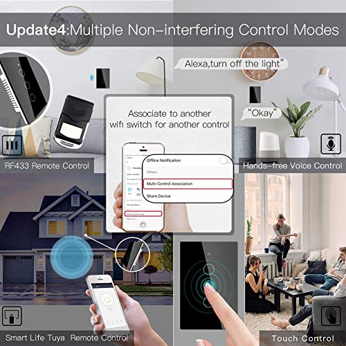 MoesGo 2nd Generation WiFi RF433 Smart Touch Wall Single Wire Smart Switch?No Neutral Wire Needed Compatible with Smart Life/Tuya App, Works with Alexa and Google Home Single Pole 110V Black 3 Gang