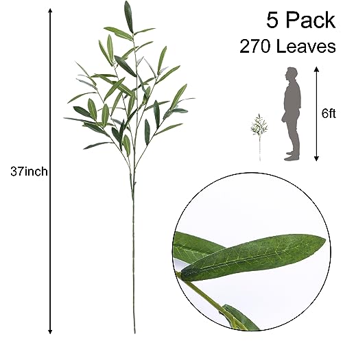 FUNARTY 5pcs Artificial Olive Leaves Long Stems 37" Tall with 270 Leaves Fake Eucalyptus Plant Branches for Floral Arrangement Vase Bouquets Wedding Greenery Decor