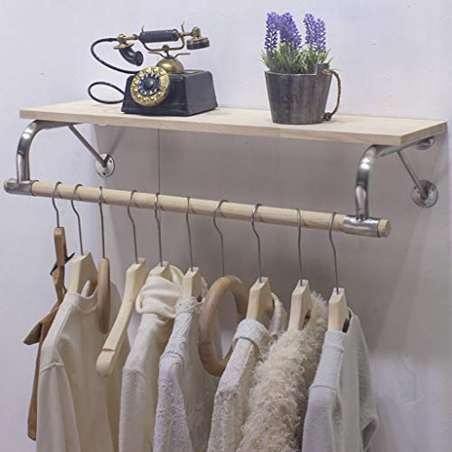 FKhanger Wooden Wall Clothes Rack - Wall Mounted Garment Rack with Wood Shelf,Clothing Display Rack for Clothing Retail Store,Home,Chrome Bracket (Size : 120×28×20cm)