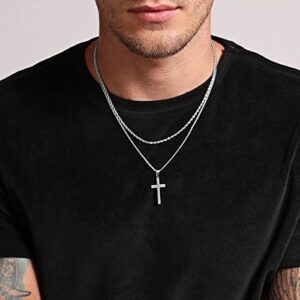 Cross Necklace for Boys, Mens Stainless Steel Layered Rope Chain Cross Chain Pendant Necklace Simple Jewelry Valentines Gifts Cross for Men 16-18 Inch Silver Chain