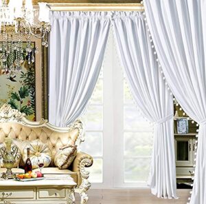 masterplay modern 4 - piece premium solid white velvet curtain set with pom pom trim. drapes/window panels 116" wide x 84" tall