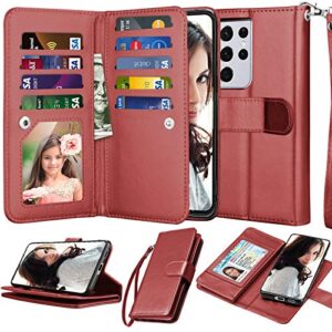 njjex wallet case for samsung galaxy s21 ultra 5g, for galaxy s21 ultra case 6.8", [9 card slots] pu leather id credit holder folio flip [detachable] kickstand magnetic phone cover & lanyard -wine red