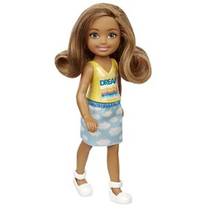 barbie chelsea doll (6-inch brunette) wearing skirt with cloud print and white shoes, gift for 3 to 7 year olds