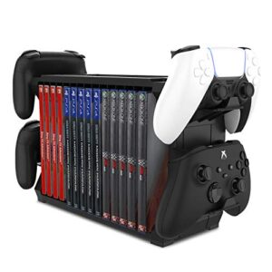 tnp games storage tower (up to 15 cd disc) for ps5 game disk rack and controller stand holder for xbox series x/nintendo switch/ps4 controller stand holder can hold up to 4 controller