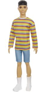 barbie ken fashionistas doll #175 with brunette hair dressed in colorful striped shirt, denim shorts and white boots