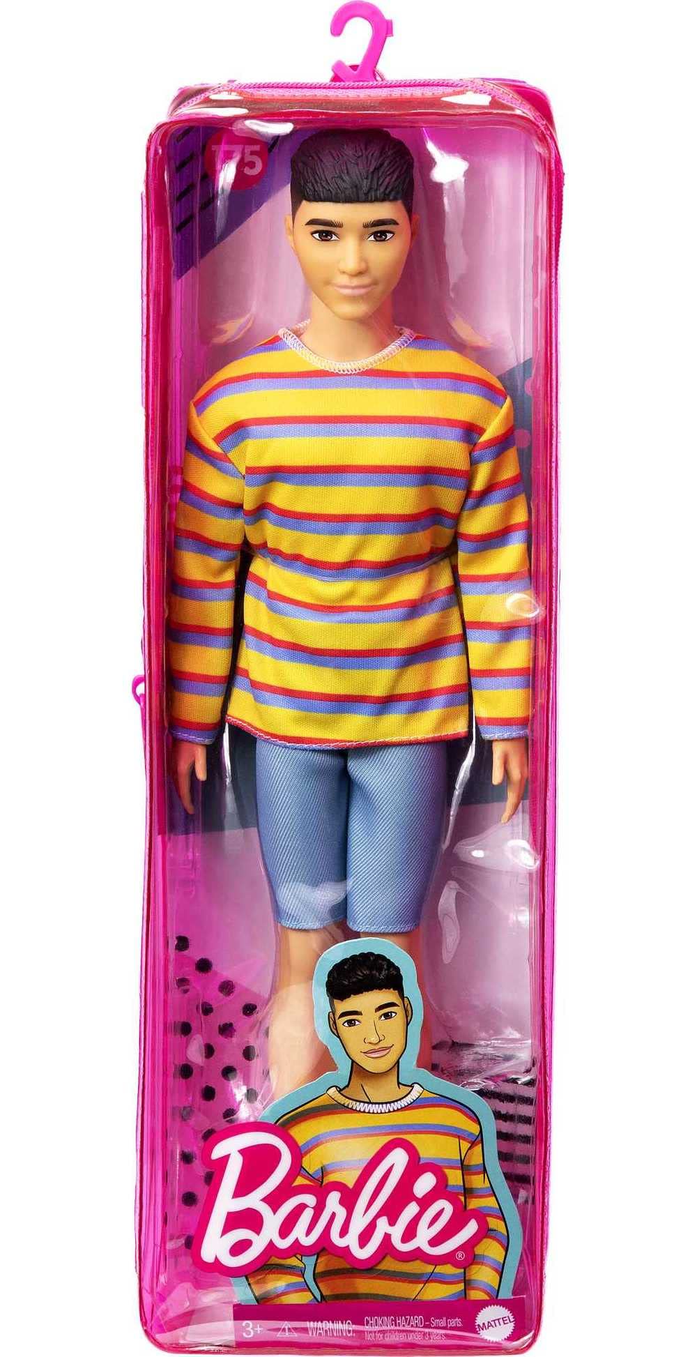 Barbie Ken Fashionistas Doll #175 with Brunette Hair Dressed in Colorful Striped Shirt, Denim Shorts and White Boots