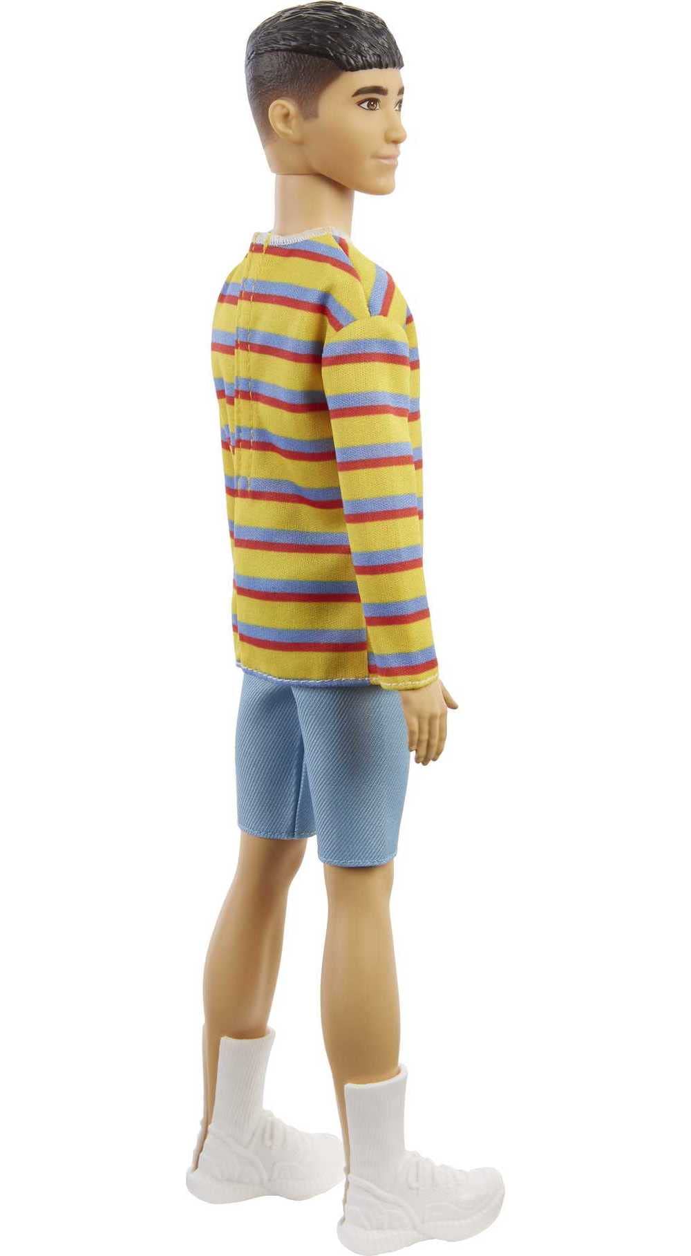 Barbie Ken Fashionistas Doll #175 with Brunette Hair Dressed in Colorful Striped Shirt, Denim Shorts and White Boots