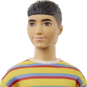Barbie Ken Fashionistas Doll #175 with Brunette Hair Dressed in Colorful Striped Shirt, Denim Shorts and White Boots