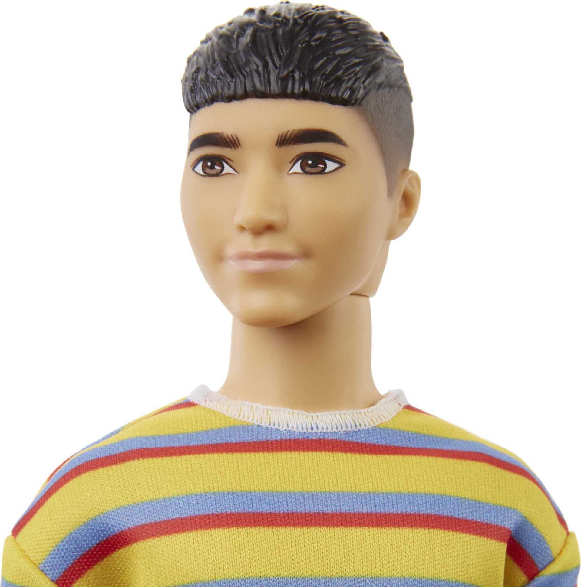 Barbie Ken Fashionistas Doll #175 with Brunette Hair Dressed in Colorful Striped Shirt, Denim Shorts and White Boots