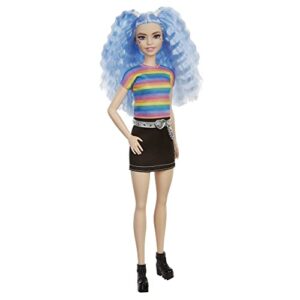 barbie fashionistas doll with long blue crimped hair, star face makeup, multi-color striped tee, denim skirt, black boots & silvery chain belt, toy for kids 3 to 8 years old