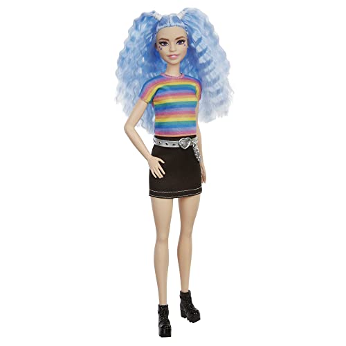 Barbie Fashionistas Doll with Long Blue Crimped Hair, Star Face Makeup, Multi-color Striped Tee, Denim Skirt, Black Boots & Silvery Chain Belt, Toy for Kids 3 to 8 Years Old