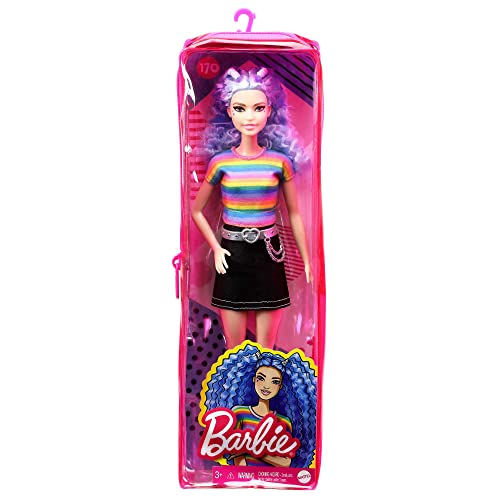 Barbie Fashionistas Doll with Long Blue Crimped Hair, Star Face Makeup, Multi-color Striped Tee, Denim Skirt, Black Boots & Silvery Chain Belt, Toy for Kids 3 to 8 Years Old