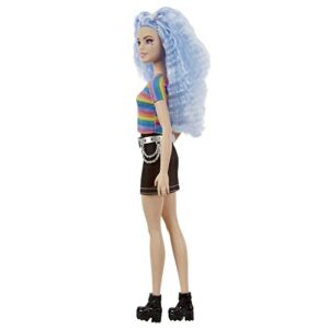 Barbie Fashionistas Doll with Long Blue Crimped Hair, Star Face Makeup, Multi-color Striped Tee, Denim Skirt, Black Boots & Silvery Chain Belt, Toy for Kids 3 to 8 Years Old