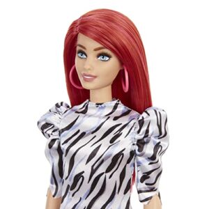 Barbie Fashionistas Doll #168, Smaller Bust, Long Red Hair, Zebra-striped Dress with Puffed Sleeves, Large Hoop Earrings, Slip-on Shoes, Toy for Kids 3 to 8 Years Old