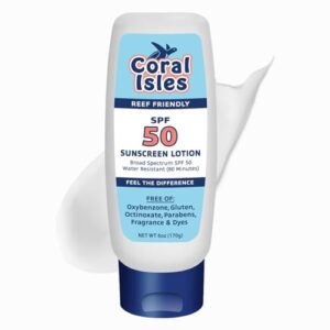 coral isles reef safe sunscreen spf 50 lotion - octinoxate & oxybenzone free - hawaii approved sun shield - broad spectrum uva/uvb protection - waterproof, odorless skin protector (6 fl oz)