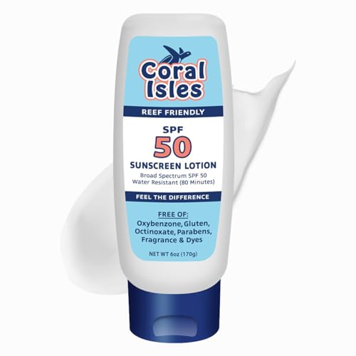 Coral Isles Reef Safe Sunscreen SPF 50 Lotion - Octinoxate & Oxybenzone Free - Hawaii Approved Sun Shield - Broad Spectrum UVA/UVB Protection - Waterproof, Odorless Skin Protector (6 Fl Oz)