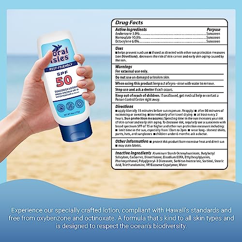 Coral Isles Reef Safe Sunscreen SPF 50 Lotion - Octinoxate & Oxybenzone Free - Hawaii Approved Sun Shield - Broad Spectrum UVA/UVB Protection - Waterproof, Odorless Skin Protector (6 Fl Oz)