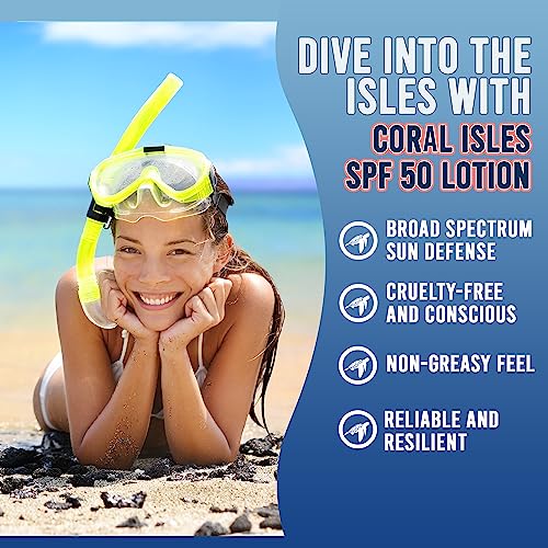 Coral Isles Reef Safe Sunscreen SPF 50 Lotion - Octinoxate & Oxybenzone Free - Hawaii Approved Sun Shield - Broad Spectrum UVA/UVB Protection - Waterproof, Odorless Skin Protector (6 Fl Oz)