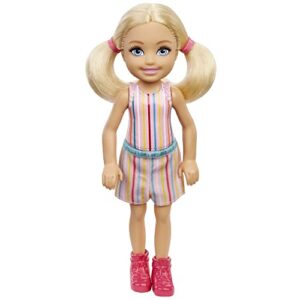 barbie chelsea doll, small doll with blonde pigtails & blue eyes in removable striped dress & pink boots