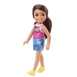 barbie chelsea doll, small doll with brunette hair in ponytail wearing removable skirt & shoes