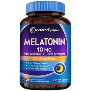 doctor‘s recipes melatonin 10 mg fast dissolve 120 tablets, natural sleep support, promote relaxation & calmness, non-gmo, natural strawberry flavor, no water needed