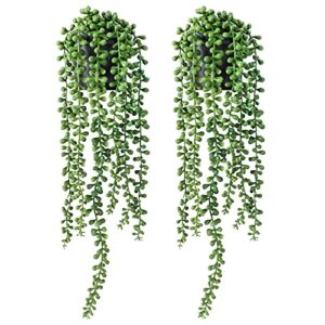 funarty 2pcs faux plants indoor — artificial string of pearls plant in black pots, realistic green fake hanging plants for shelf decor desk home garden decorations