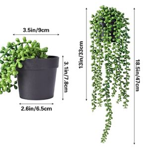 FUNARTY 2pcs Faux Plants Indoor — Artificial String of Pearls Plant in Black Pots, Realistic Green Fake Hanging Plants for Shelf Decor Desk Home Garden Decorations