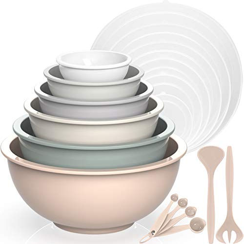 Umite Chef Nesting Mixing Bowls Set with Airtight Lids, 18 Piece Plastic, Includes Measuring Cups, Mixing Bowl Set Great for Mixing, Baking, Serving, Dishwasher (Khaki)