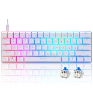60% mechanical keyboard gaming rgb backlit with app compact 61 key portable mini keyboard blue mx switch compatible with windows imac laptop pc computer office gamer(white)