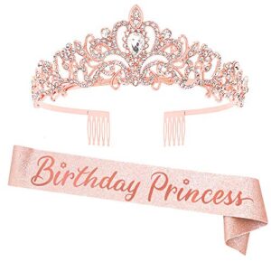 "birthday princess"sash and rhinestone crown set - glitter gold fabric with rose gold foil letters birthday sash for girl + rhinestone crown set birthday party gifts birthday party supplies