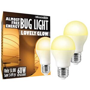 miracle led 9w almost free energy led lovely glow bug light - yellow spectrum e26 a19 medium outdoor bug bulb- replaces 60w old painted incandescent bug bulbs amber glow (2-pack), (609010)