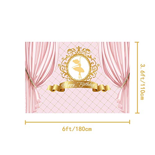 CSFOTO Polyester 6x3.6ft Happy Birthday Ballerina Banner Princess Pink Curtain Photography Backdrop Girl Golden Elegant Ballet Dancer Celebrate Party Decoration Child Kid Baby Banner
