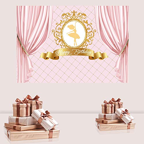 CSFOTO Polyester 6x3.6ft Happy Birthday Ballerina Banner Princess Pink Curtain Photography Backdrop Girl Golden Elegant Ballet Dancer Celebrate Party Decoration Child Kid Baby Banner