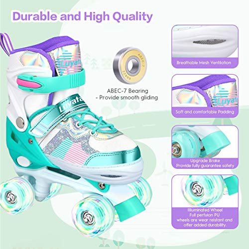 Luyata Roller Skates for Girls Boys Adjustable, 4 Size Ages 6-12 & 3-5, Kids Roller Skates with Light Up 8 Shining Wheels, 3 Color Shining Roller Skates for Toddlers Boys Girls Beginners