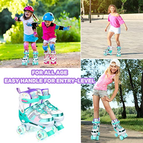 Luyata Roller Skates for Girls Boys Adjustable, 4 Size Ages 6-12 & 3-5, Kids Roller Skates with Light Up 8 Shining Wheels, 3 Color Shining Roller Skates for Toddlers Boys Girls Beginners