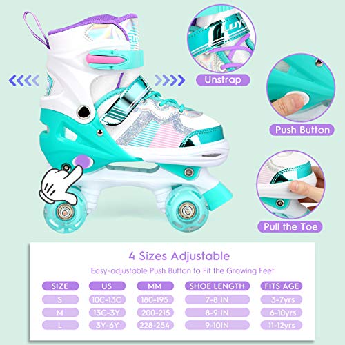 Luyata Roller Skates for Girls Boys Adjustable, 4 Size Ages 6-12 & 3-5, Kids Roller Skates with Light Up 8 Shining Wheels, 3 Color Shining Roller Skates for Toddlers Boys Girls Beginners