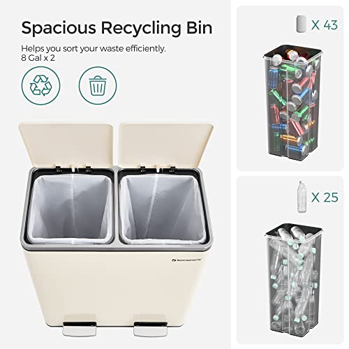 SONGMICS Trash Can, 2 x 8 Gal Garbage Can for Kitchen, with 15 Trash Bags, 2 Compartments, Plastic Inner Buckets and Hinged Lids, Airtight, Almond Color ULTB201A01