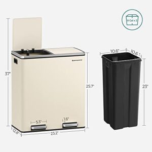 SONGMICS Trash Can, 2 x 8 Gal Garbage Can for Kitchen, with 15 Trash Bags, 2 Compartments, Plastic Inner Buckets and Hinged Lids, Airtight, Almond Color ULTB201A01