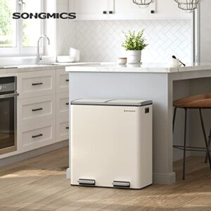 SONGMICS Trash Can, 2 x 8 Gal Garbage Can for Kitchen, with 15 Trash Bags, 2 Compartments, Plastic Inner Buckets and Hinged Lids, Airtight, Almond Color ULTB201A01