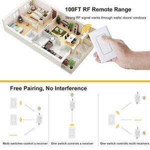 Suraielec 3 Way Wireless Light Switch, No Wiring, No WiFi, 100ft RF Range, Pre-Programmed, Expandable Wireless Wall Switch and Receiver Kit, Remote Control Light Fixture for Lamp, Ceiling Light, Fan