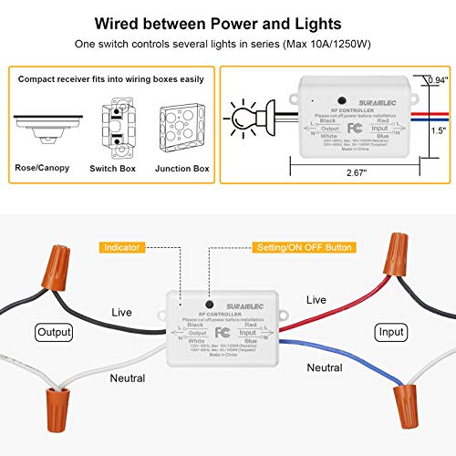 Suraielec 3 Way Wireless Light Switch, No Wiring, No WiFi, 100ft RF Range, Pre-Programmed, Expandable Wireless Wall Switch and Receiver Kit, Remote Control Light Fixture for Lamp, Ceiling Light, Fan