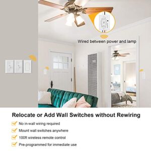 Suraielec 3 Way Wireless Light Switch, No Wiring, No WiFi, 100ft RF Range, Pre-Programmed, Expandable Wireless Wall Switch and Receiver Kit, Remote Control Light Fixture for Lamp, Ceiling Light, Fan