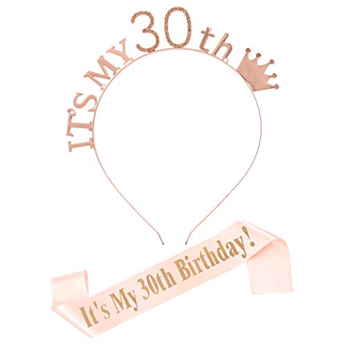 30th Birthday Girl Sash Headband,Rose Gold Birthday Tiara Sash for Women,Birthday Headpiece,30th Birthday Decorations for Her
