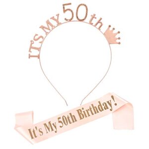 50th birthday sash and rose gold 50 birthday tiara rhinestone crown headband for 50 birthday gift party decoration women