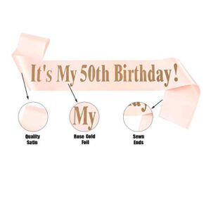 50th Birthday Sash and Rose Gold 50 Birthday Tiara Rhinestone Crown Headband for 50 Birthday Gift Party Decoration Women