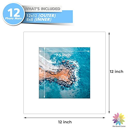 Mat Board Center, 12x12 White Mats for 8x8 Pictures - Acid Free, 4-ply Thickness, White Core, Bevel Cut - for Pictures, Photos, Framing - Pack of 12