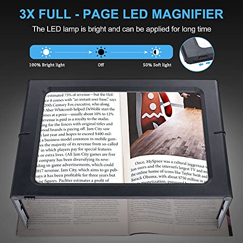 3X Magnifying Glass, Lighted Magnifying Glass with 12 LED Lights, 2 Power Supply Modes for Evenly Lit Reading Area, Foldable Magnifier for Hands Free Reading, Low Vision and Seniors