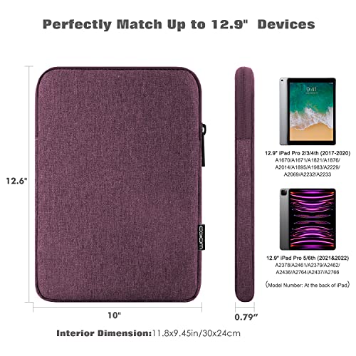 MoKo 12.9 Inch Laptop Sleeve Case Fits iPad Pro 12.9 M2 2022/2021/2020, Galaxy Tab S8+/S9+ 12.4 2022/2023, Surface Laptop Go 12.4", Polyester Bag Fit with Apple Pencil and Smart Keyboard, Purple